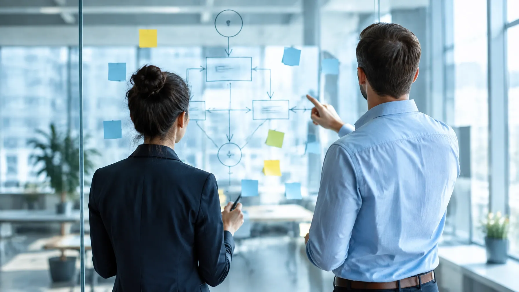 Two colleagues planning at a glass wall with a process diagram and sticky notes