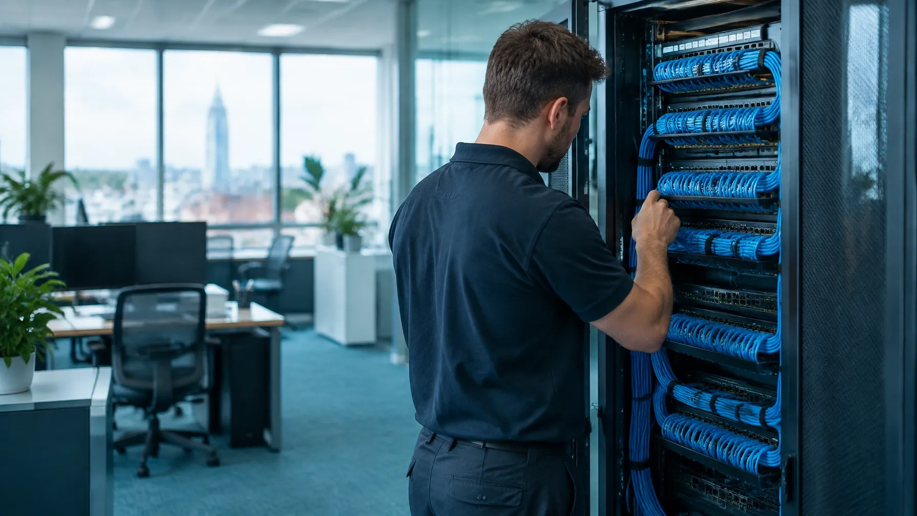 Engineer working at a network cabinet filled with blue patch leads in a modern office