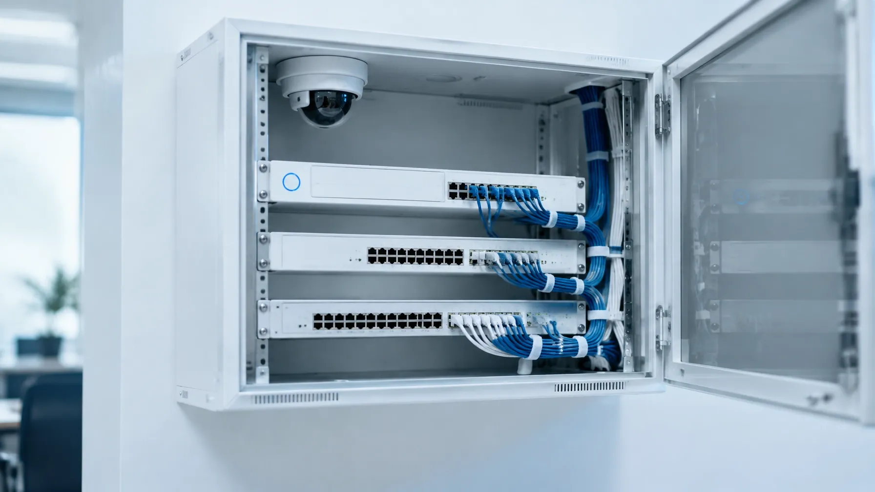 Wall-mounted network cabinet with UniFi equipment, tidy cabling and a surveillance camera